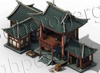 写实的中国风古建筑房屋3D高模模型,双层瓦房楼台书屋画坊木房,掌管监事的将作监住房-CG模型网(cgmodel)-专注CG模型